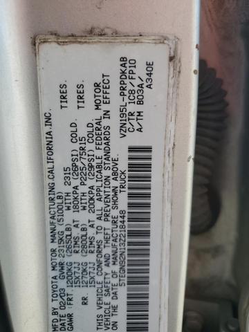 5TEGN92N13Z218448 - 2003 TOYOTA TACOMA DOUBLE CAB PRERUNNER SILVER photo 12