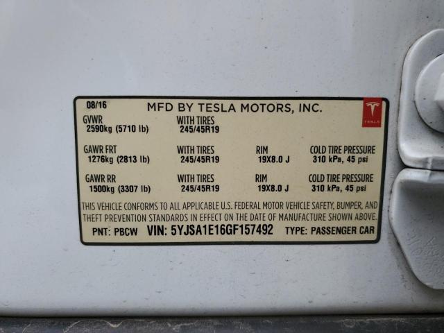 5YJSA1E16GF157492 - 2016 TESLA MODEL S თეთრი ფოტო 12