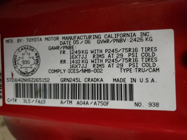 5TEUU42NX6Z265152 - 2006 TOYOTA TACOMA ACCESS CAB წითელი ფოტო 12