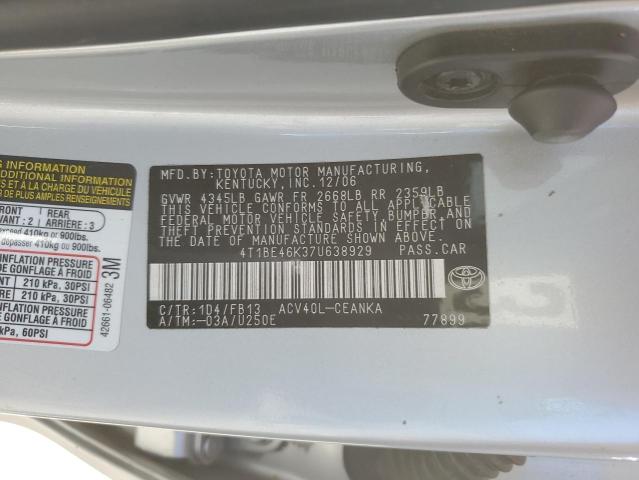 4T1BE46K37U638929 - 2007 TOYOTA CAMRY CE SILVER photo 12