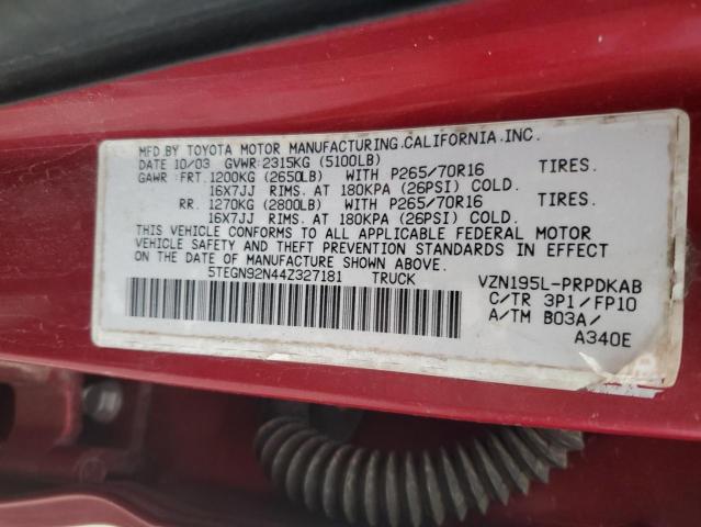 5TEGN92N44Z327181 - 2004 TOYOTA TACOMA DOUBLE CAB PRERUNNER MAROON photo 12