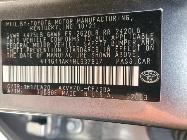 4T1G11AK4NU637857 - 2022 TOYOTA CAMRY SE GRAY photo 13