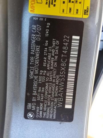 WBANW535X8CT48422 - 2008 BMW 550 I GRAY photo 12