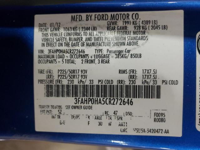 3FAHP0HA5CR272646 - 2012 FORD FUSION SE BLUE photo 13