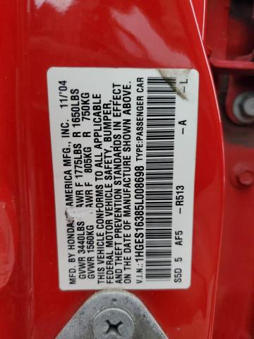 1HGES16385L008698 - 2005 HONDA CIVIC DX VP Կարմիր լուսանկար 12