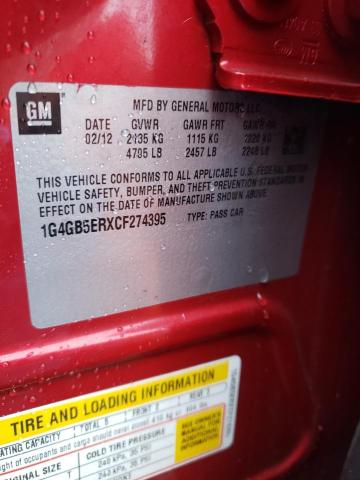 1G4GB5ERXCF274395 - 2012 BUICK LACROSSE CONVENIENCE BURGUNDY photo 12