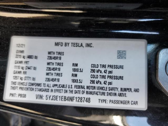 5YJ3E1EB4NF128748 - 2022 TESLA MODEL 3 BLACK photo 12