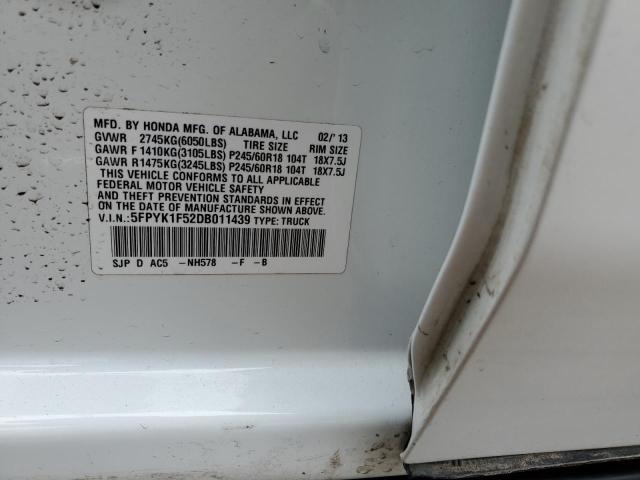 5FPYK1F52DB011439 - 2013 HONDA RIDGELINE RTL WHITE photo 12