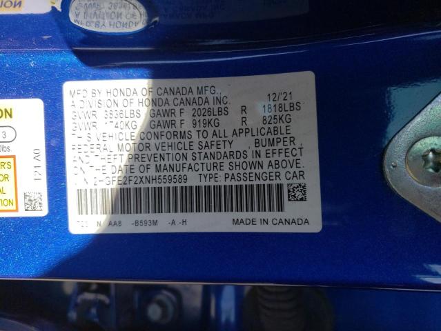 2HGFE2F2XNH559589 - 2022 HONDA CIVIC LX BLUE photo 13