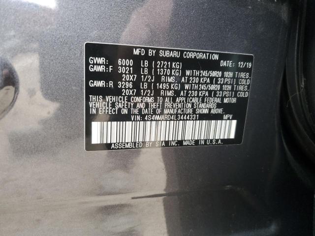 4S4WMARD4L3444331 - 2020 SUBARU ASCENT TOURING GRAY photo 14