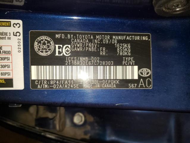 2T1BR32E67C728303 - 2007 TOYOTA COROLLA CE BLUE photo 12