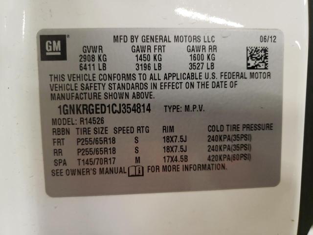 1GNKRGED1CJ354814 - 2012 CHEVROLET TRAVERSE LT WHITE photo 13