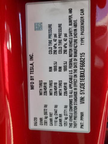 5YJ3E1EBXLF668215 - 2020 TESLA MODEL 3 RED photo 12