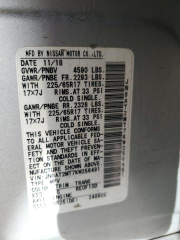 JN8AT2MT7KW256491 - 2019 NISSAN ROGUE S SILVER photo 12