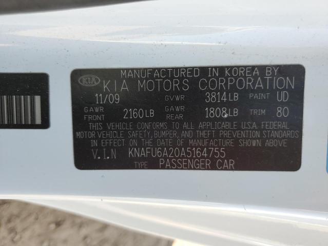 KNAFU6A20A5164755 - 2010 KIA FORTE EX WHITE photo 12