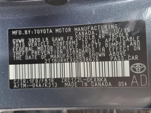 2T1BURHEXGC538626 - 2016 TOYOTA COROLLA L GRAY photo 12