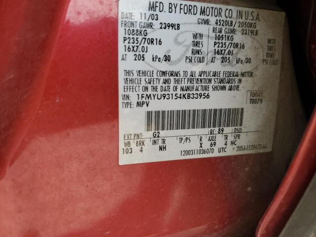 1FMYU93154KB33956 - 2004 FORD ESCAPE XLT RED photo 12