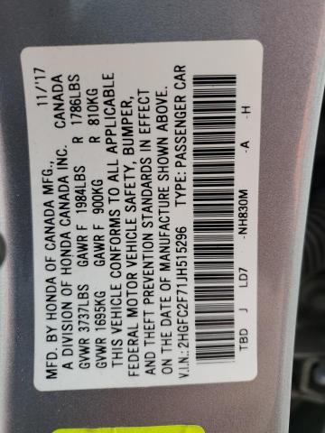 2HGFC2F71JH515296 - 2018 HONDA CIVIC EX SILVER photo 12