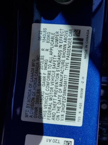 2HGFE2F58NH588177 - 2022 HONDA CIVIC SPORT BLUE photo 12