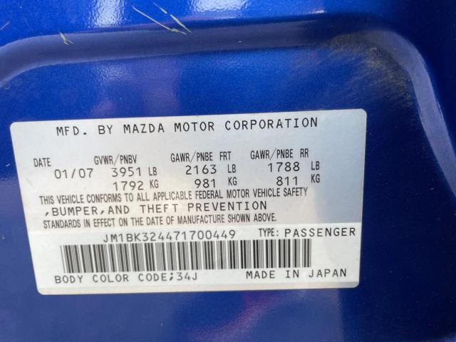 JM1BK324471700449 - 2007 MAZDA 3 S BLUE photo 10