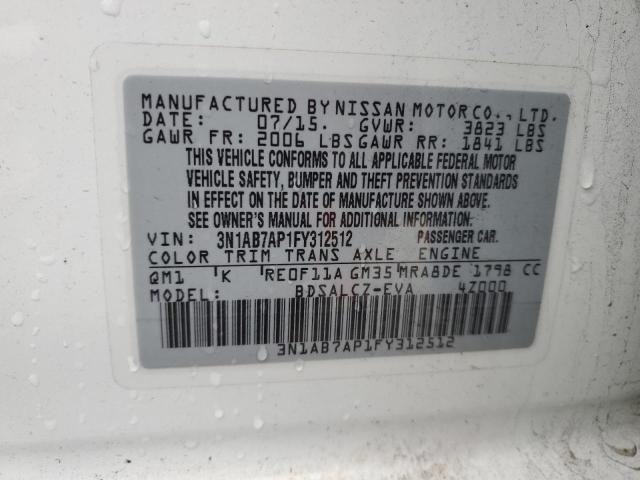 3N1AB7AP1FY312512 - 2015 NISSAN SENTRA S WHITE photo 12