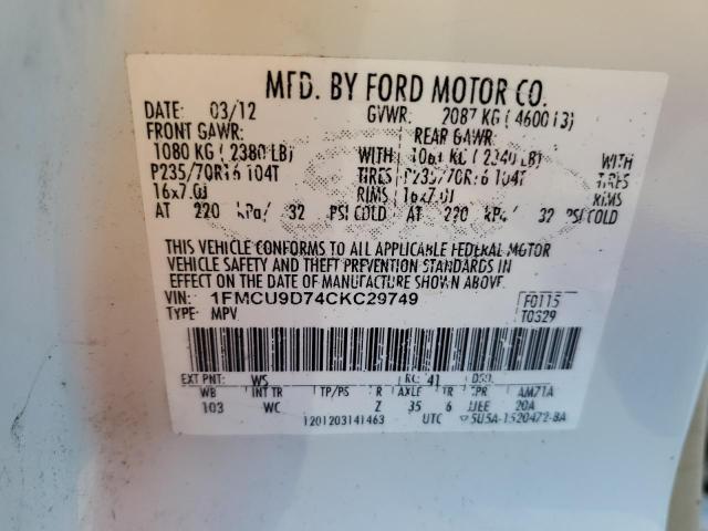 1FMCU9D74CKC29749 - 2012 FORD ESCAPE XLT WHITE photo 12