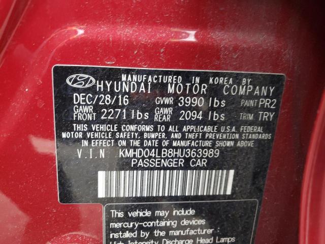 KMHD04LB8HU363989 - 2017 HYUNDAI ELANTRA SPORT RED photo 12