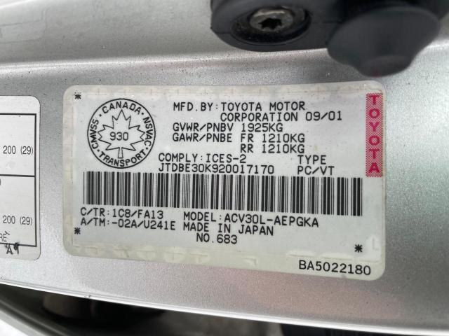 JTDBE30K920017170 - 2002 TOYOTA CAMRY LE SILVER photo 9