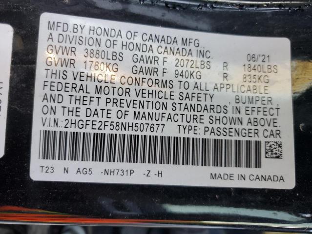 2HGFE2F58NH507677 - 2022 HONDA CIVIC SPORT BLACK photo 12