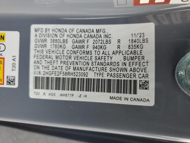 2HGFE2F58RH523092 - 2024 HONDA CIVIC SPORT GRAY photo 13