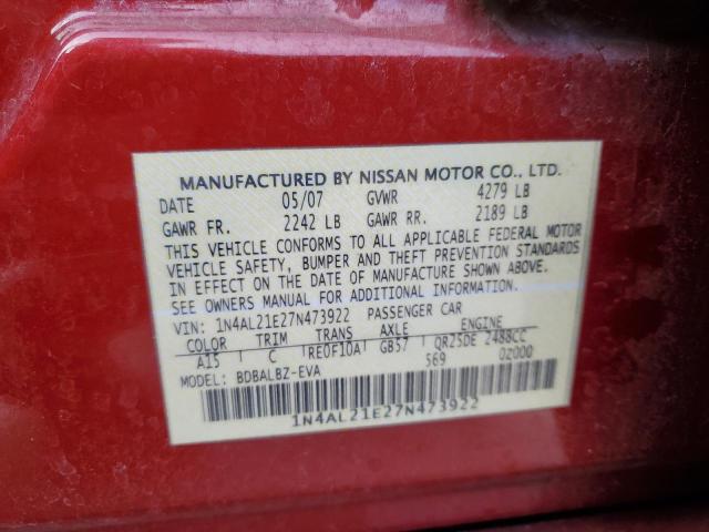 1N4AL21E27N473922 - 2007 NISSAN ALTIMA 2.5 RED photo 12