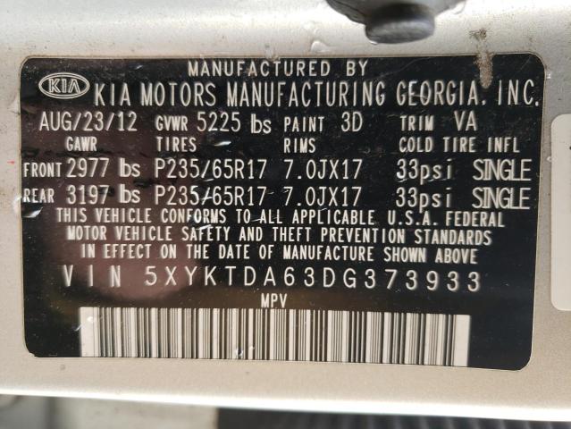 5XYKTDA63DG373933 - 2013 KIA SORENTO LX SILVER photo 13