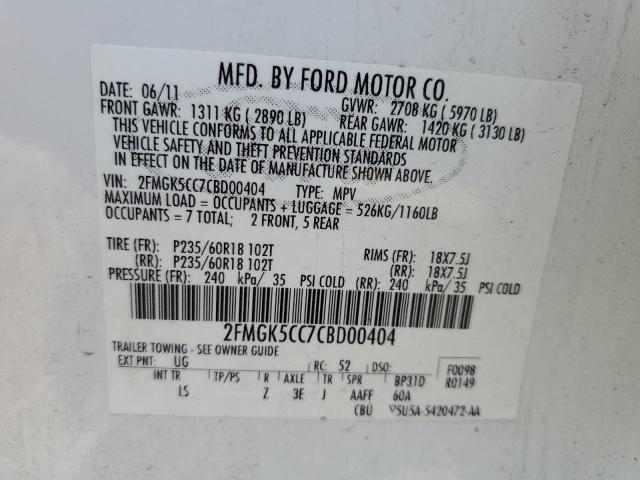 2FMGK5CC7CBD00404 - 2012 FORD FLEX SEL WHITE photo 13