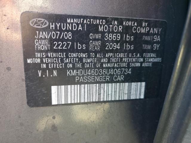 KMHDU46D38U406734 - 2008 HYUNDAI ELANTRA GLS GRAY photo 12