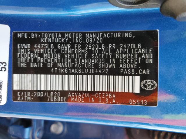 4T1K61AK6LU384422 - 2020 TOYOTA CAMRY XSE BLUE photo 12