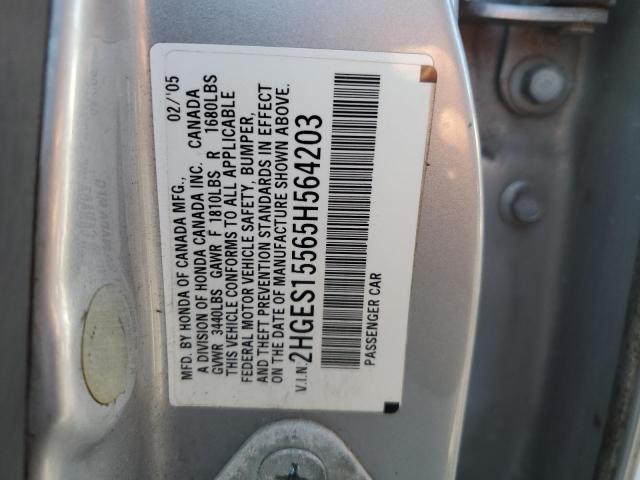 2HGES15565H564203 - 2005 HONDA CIVIC LX SILVER photo 13