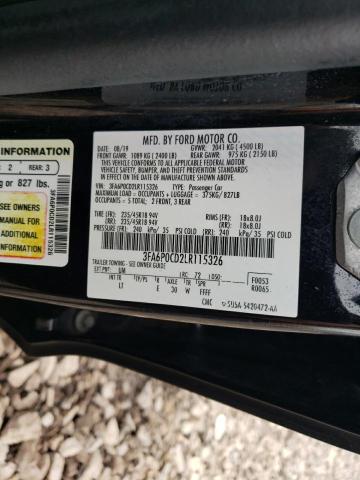 3FA6P0CD2LR115326 - 2020 FORD FUSION SEL BLACK photo 12