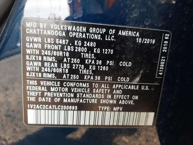 1V2AC2CA7LC200693 - 2020 VOLKSWAGEN ATLAS CROS S BLUE photo 10