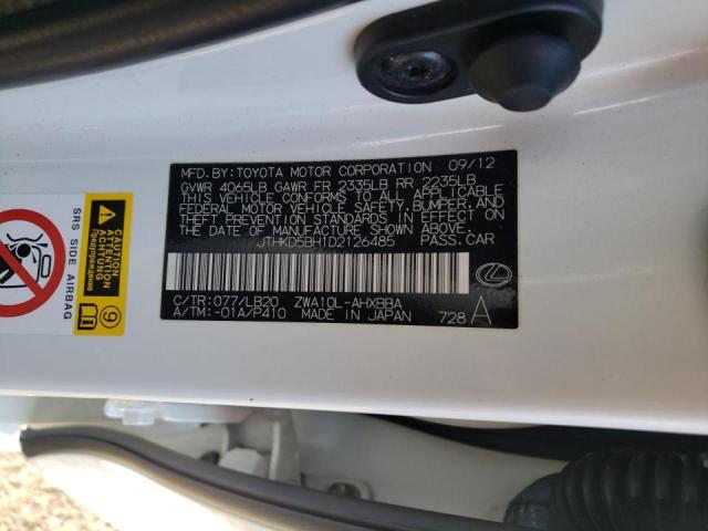 JTHKD5BH1D2126485 - 2013 LEXUS CT 200 WHITE photo 12