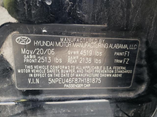 5NPEU46F87H181875 - 2007 HYUNDAI SONATA SE BLACK photo 12