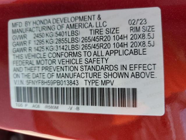 5FNYF8H59PB013843 - 2023 HONDA PASSPORT EXL RED photo 13