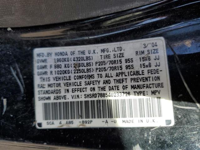 SHSRD78854U233726 - 2004 HONDA CR-V EX BLACK photo 12