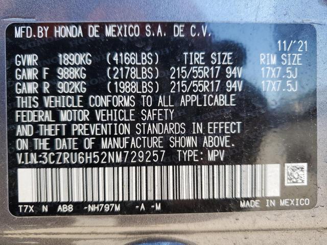 3CZRU6H52NM729257 - 2022 HONDA HR-V EX GRAY photo 13