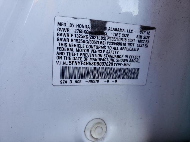 5FNYF4H58DB007620 - 2013 HONDA PILOT EXL WHITE photo 13