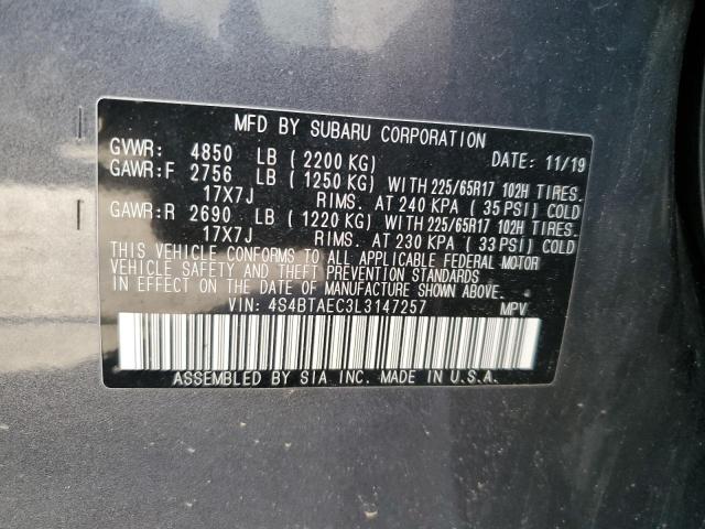 4S4BTAEC3L3147257 - 2020 SUBARU OUTBACK PREMIUM GRAY photo 12