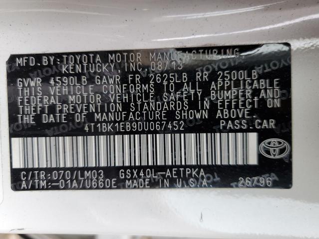 4T1BK1EB9DU067452 - 2013 TOYOTA AVALON BASE WHITE photo 10