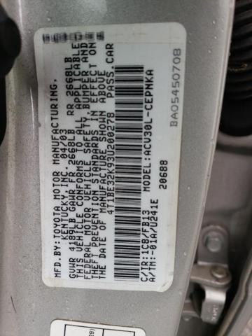 4T1BE32K93U200278 - 2003 TOYOTA CAMRY LE SILVER photo 12