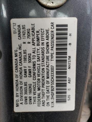 2HGFB2F55CH333007 - 2012 HONDA CIVIC LX GRAY photo 12