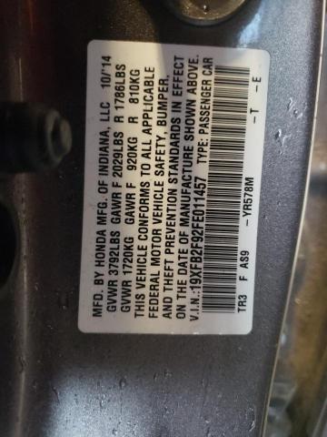 19XFB2F92FE011457 - 2015 HONDA CIVIC EXL ნაცრისფერი ფოტო 12