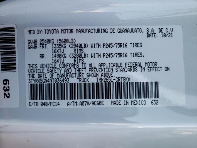 3TYRX5GN4NT036493 - 2022 TOYOTA TACOMA ACCESS CAB თეთრი ფოტო 12